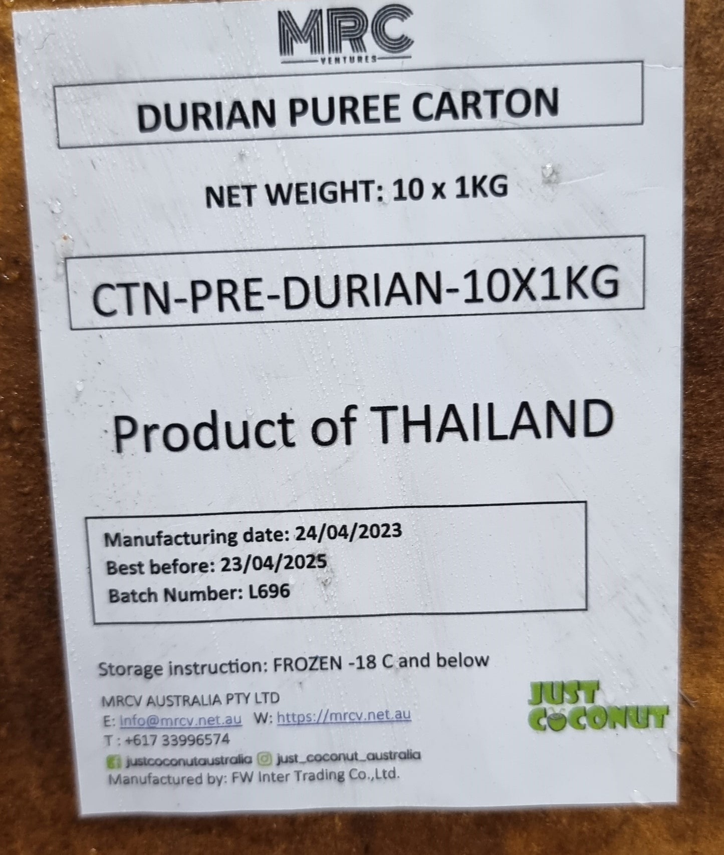 CARTON DURIAN PUREE 10 BAGS OF 1KG