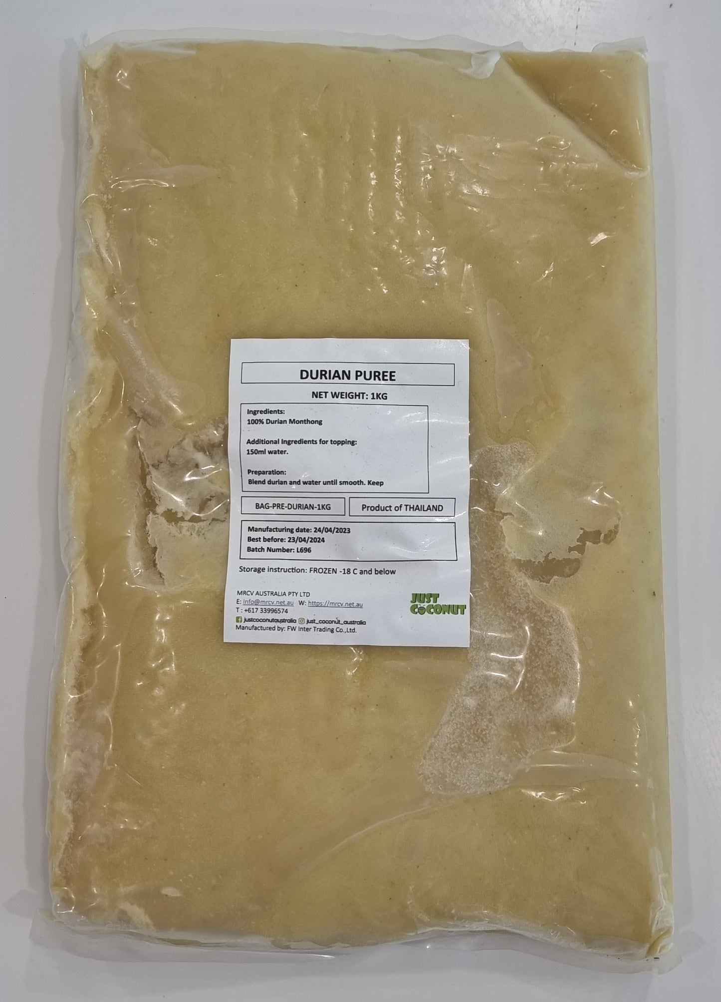 CARTON DURIAN PUREE 10 BAGS OF 1KG