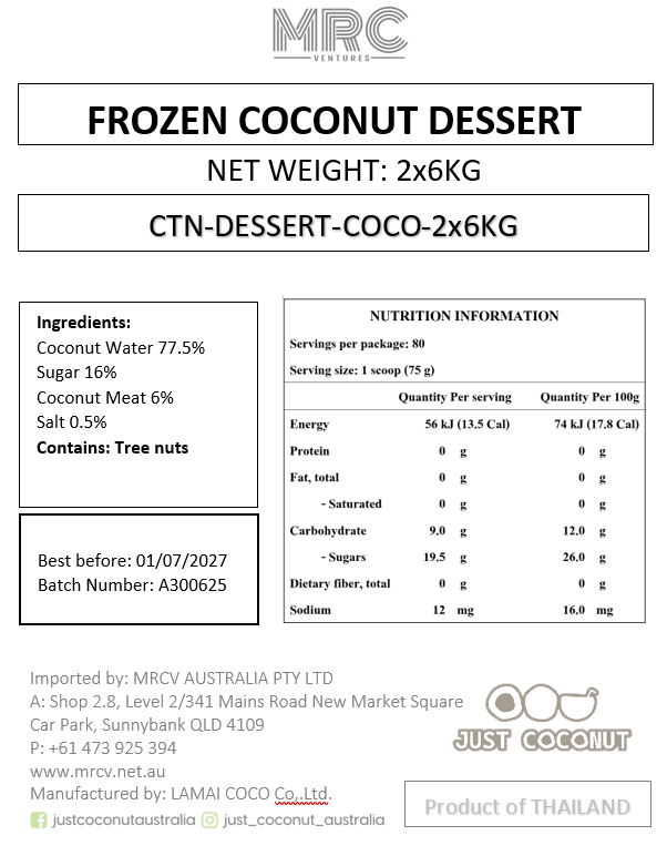 CARTON FROZEN COCONUT SORBET DESSERT 2 X 6KG